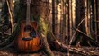 A rustic outdoor photo of an acoustic bass guitar propped against a tree in a forest, blending natural acoustic sounds with the tranquility of nature.