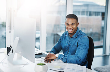 Aufkleber - Creative, black businessman and portrait in office with computer for interior designing with construction company for project development. Employee, happy and digital technology for research or ideas