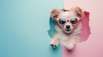 Sticker - A small dog wearing sunglasses peeking out of a hole. Great for pet and summer themed designs