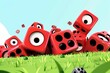 A pile of red dice of various sizes with eyes are scattered on a grassy field under a blue sky