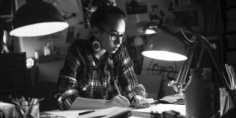 Poster - Woman sitting at desk with lamp, suitable for office or workspace concepts