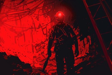 Poster - A man standing in a dark room with a red light on his head. Can be used for mystery or horror themes