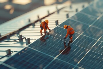 Poster - Two men standing on top of a solar panel. Suitable for renewable energy concept
