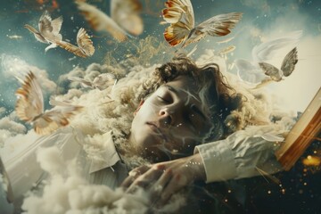 Poster - A woman peacefully laying in the clouds, surrounded by butterflies. Perfect for inspirational designs