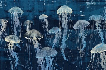 Poster - A group of jellyfish floating in the water. Suitable for marine life concepts