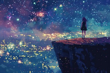 Poster - A girl standing on a cliff, gazing at the night sky. Suitable for various inspirational and nature-themed projects