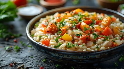 Wall Mural - Vegetarian risotto with tomato and bell peppers Italian cuisine specialty. Concept Italian Cuisine, Vegetarian Dish, Risotto Recipe, Tomato and Bell Pepper, Specialty Dish