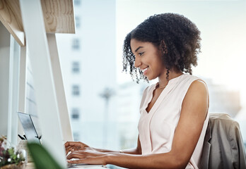 Aufkleber - Woman, laptop and typing in happy office, search and company website with technology. Communication, web designer and internet project for work, online business for information or networking