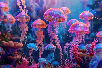 Poster - A group of jellyfish floating in the ocean. Perfect for marine life concepts