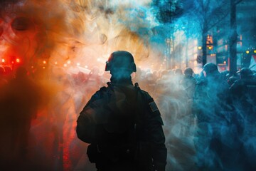Poster - A man in a gas mask standing in front of a crowd. Suitable for concepts of protest, pollution, and pandemic