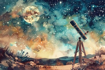 Poster - A painting of a telescope on a tripod. Suitable for educational materials