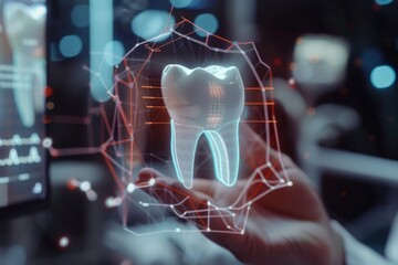 Poster - Person holding a tooth in front of a computer screen, suitable for dental or technology concepts