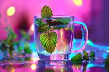Poster - A glass cup filled with water and a sprig of mint. Perfect for refreshing beverage concepts