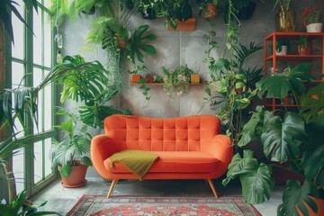 Fototapete - A vibrant living room filled with lush green plants. Perfect for interior design concepts