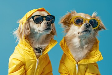 Aufkleber - Two dogs wearing yellow raincoats and sunglasses, perfect for pet fashion blogs or animal accessories advertisements