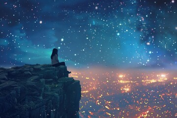 Poster - A person sitting on a cliff, gazing at the starry night sky. Ideal for outdoor and peaceful concept designs