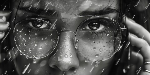 Poster - A woman wearing glasses caught in the rain. Suitable for weather-related concepts