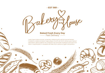 Bakery house background with hand drawn engraving colorful bakery