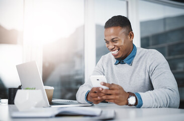 Aufkleber - Businessman, laptop and laugh with cellphone, desk or typing with texting for communication in workplace. Male person, analyst and cheerful with tech in office for online, digital and connection