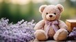 Cozy and heartwarming scene of a plush teddy bear nestled among fresh lavender blooms, designed with a lot of free space for a serene and inviting atmosphere