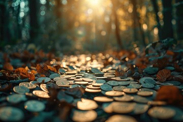 Poster - A pile of coins resting on the forest floor. Suitable for financial and nature concepts