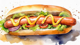 Fototapeta Natura - Watercolor hot dog bun with sausage, tomatoes, salad mustard. Traditional fast food menu. Sandwich