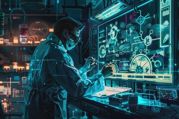 Poster - a man in a lab coat working on a machine. suitable for science and technology concepts