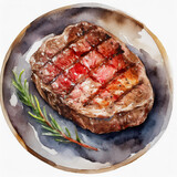 Fototapeta Natura - Watercolor juicy thick grilled beef steak with fresh rosemary, summer BBQ top view close up view
