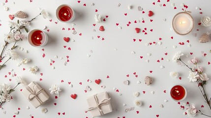 Canvas Print - A Valentine s Day themed backdrop featuring a beautiful arrangement of gifts candles and confetti set against a white backdrop This flat lay composition offers a top view with plenty of spa