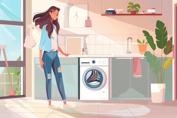 Wall Mural - A woman standing next to a washing machine. Suitable for household and appliance concepts