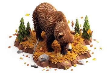 Wall Mural - A brown bear standing on a pile of leaves. Suitable for nature and wildlife themes