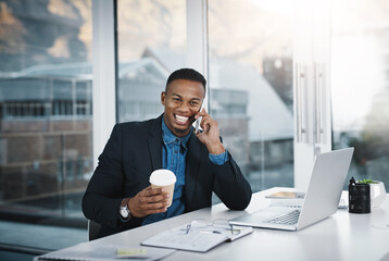 Aufkleber - Black man, laughing and phone call with coffee for funny joke, discussion or communication at office. Happy businessman, accountant or employee smile with mobile smartphone for friendly conversation