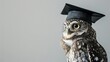 Close-up shot of a young owl wearing a graduation cap, isolated on a white background with ample copy space