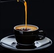 Rich black coffee being poured into a cup against a dramatic black background, evoking a sense of boldness and elegance
