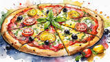 Fototapeta Natura - Watercolor Italian pizza with mozzarella, tomato, olives and basil. Top view restaurant food.