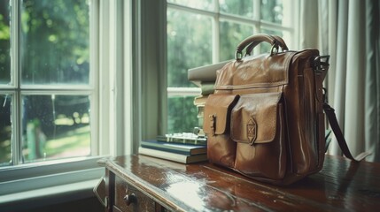 Poster - A brown bag placed on a wooden table. Suitable for various concepts