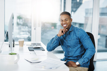 Aufkleber - Portrait, happiness and black man in modern office with laptop, paperwork and smile at desk. Businessman, pride and technology in workplace for internship, journalist and research for startup company