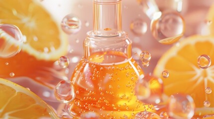 Poster - Bottle of liquid surrounded by orange slices, perfect for food and beverage concepts