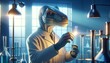 A dinosaur wearing a lab coat and safety goggles is conducting an experiment in a laboratory.