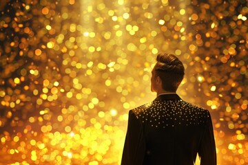 Poster - A woman standing in front of a golden background, suitable for various concepts