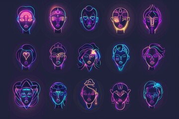 Poster - A collection of neon glowing faces of women. Ideal for fashion or beauty concepts