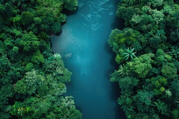 Poster - Serene river flowing through dense forest, perfect for nature backgrounds