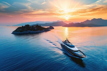 Poster - A large boat traveling across a wide body of water. Suitable for travel brochures