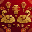 Happy chinese new year 2025 the snake zodiac sign with flower,lantern,asian elements snake logo red and gold paper cut style on color background. 