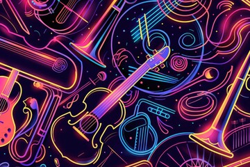 Poster - A collection of musical instruments brightly lit up. Perfect for music-themed designs