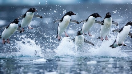 A group of Adelie penguins hastily sprinting across a slippery ice surface, creating a flurry of splashing water droplets