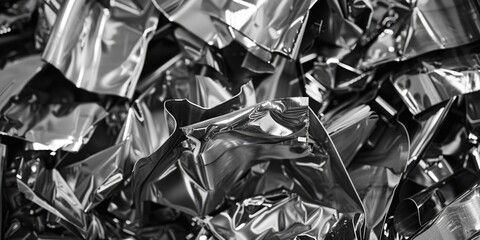 Poster - A monochrome image of a pile of silver foil. Suitable for design projects