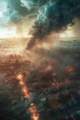 Poster - Aerial view of a city with billowing smoke. Suitable for illustrating pollution or industrial themes