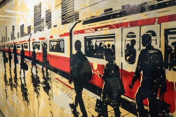 Poster - A painting of people walking on a subway platform. Suitable for transportation themes