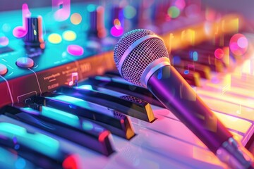 Poster - A microphone sitting on top of a keyboard. Suitable for music or technology themes